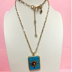 J Crew Turquoise and Gold Toned Sun Pendant 22” Necklace